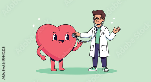 Cartoon doctor character examining a friendly anthropomorphic heart with a stethoscope for medical checkup.