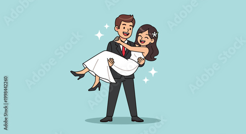 Cartoon groom carrying his happy bride in arms.