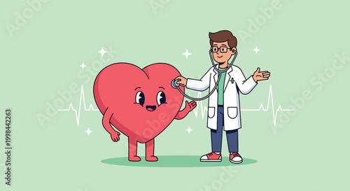 Cartoon doctor examining a cute anthropomorphic heart character with a stethoscope.