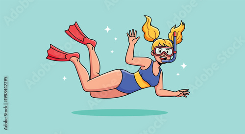 Cartoon illustration of a young girl snorkeling underwater with flippers and diving mask.