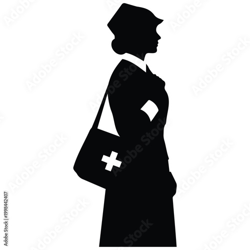 Vintage military nurse silhouette medical professional vector illustration line art woman.