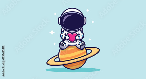 Cute Astronaut Holding a Pink Heart Sitting on Saturn Planet.