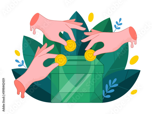 Charity and Donation Concept Illustration, Hands Putting Heart Coins into Donation Box for Philanthropy and Social Support
