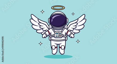 Cute cartoon astronaut angel with wings and halo floating in space illustration.