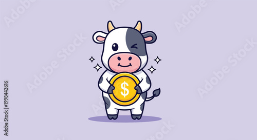 Cute Cartoon Cow Holding Gold Dollar Coin Illustration.