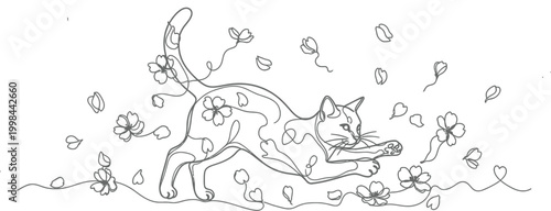Elegant single continuous line art drawing of a playful cat interacting with falling cherry blossom petals on a textured cream background for minimalist modern decoration
