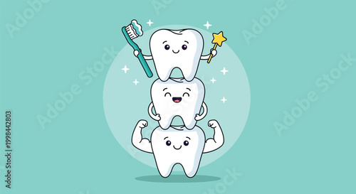 Cute Cartoon Teeth Characters Stacking for Dental Care and Oral Health Concept.