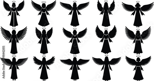 Collection of Female Angel Silhouettes with Feathered Wings and Halos Isolated on White Background for Religious Art Spiritual Design Memorial Graphics and Christmas Greeting Cards