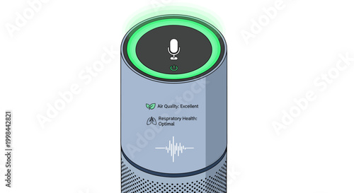 Smart speaker with voice assistant and sound wave graphic