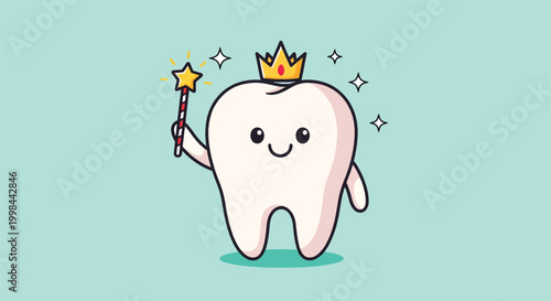 Cute cartoon tooth character wearing a crown and holding a magic wand.