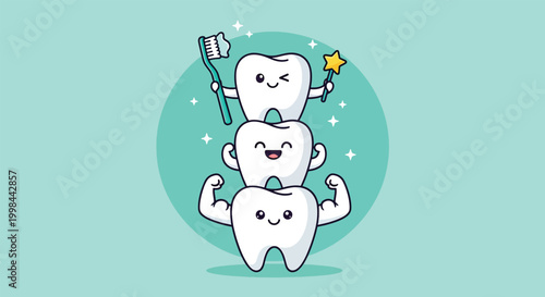 Cute cartoon teeth mascot characters showing healthy dental care.