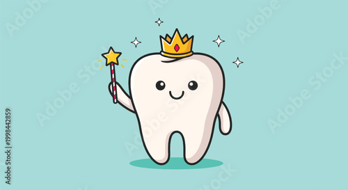 Cute cartoon tooth character wearing a gold crown and holding a magic star wand.