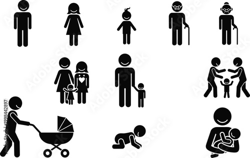 Complete set of family silhouette icons featuring parents, children, elderly people, and infants in various lifestyle poses isolated on white background for creative design.