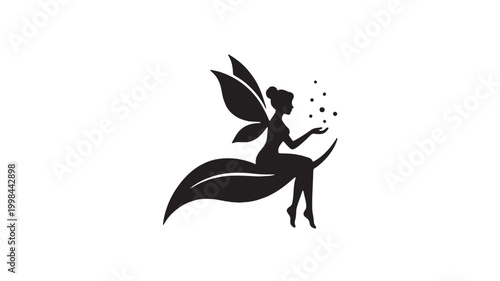 Angel fairy silhouette icon with flowing ribbon wings and floating sparkle dots, premium minimal vector style on white featuring winged figure,