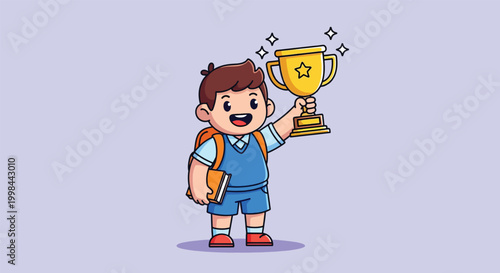 Cute schoolboy holding a golden trophy cartoon illustration.