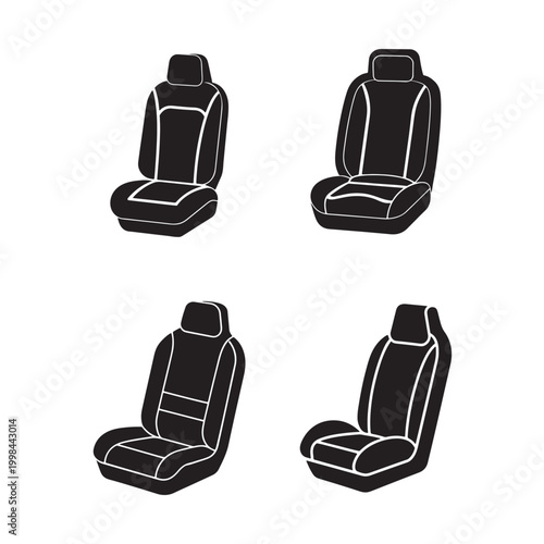 Four black car seats with white outlines shown from different angles for interior design and automotive concepts