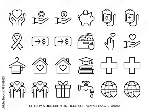Charity and Donation Line Icon Set - Minimalist Vector Symbols for Nonprofit, Volunteering, Fundraising, Medical Aid, and Community Support
