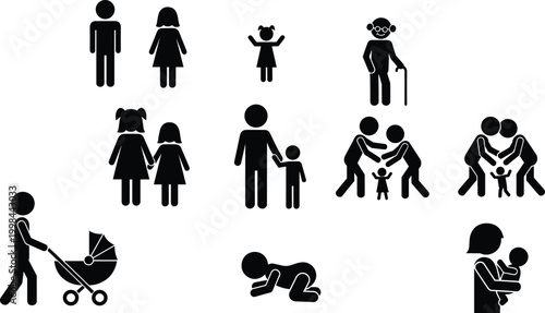 Comprehensive collection of family silhouettes featuring various generations including parents, children, seniors, and infants isolated on white background for versatile graphic desi