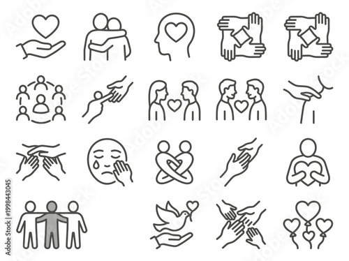 Empathy and Support Line Icon Set: Symbols for Compassion, Kindness, Mental Health, Charity, and Human Connection