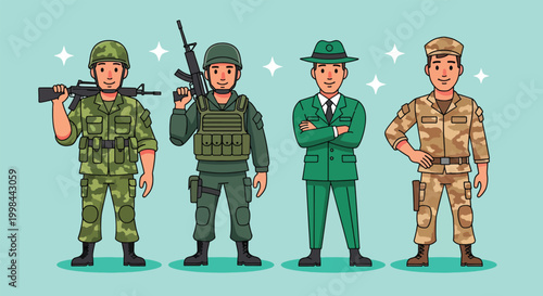Diverse Group of Military Personnel in Various Uniforms.