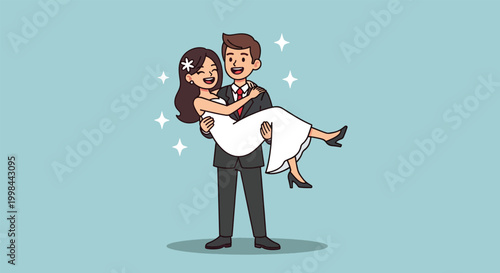 Groom carrying bride in his arms on wedding day illustration.