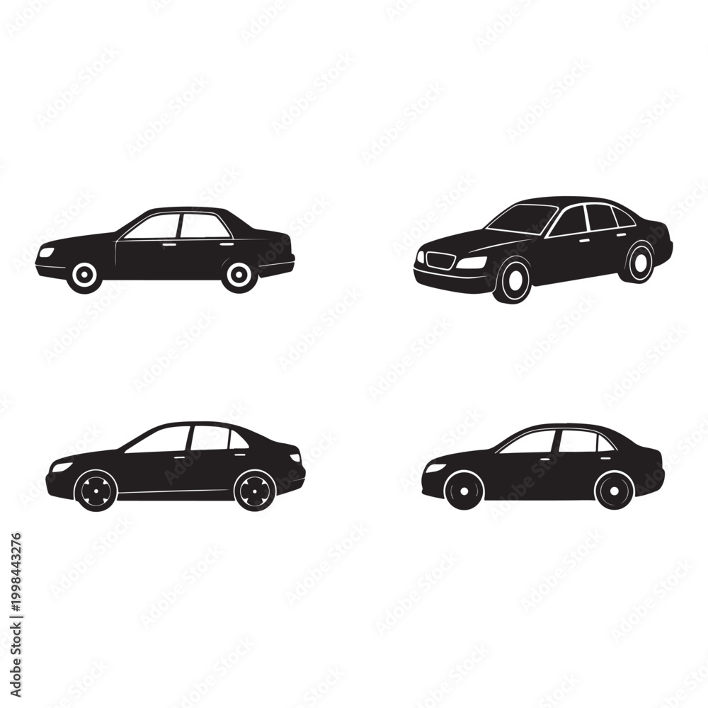 Obraz premium Four black cars in different models and angles on white background for transportation and vehicle concepts