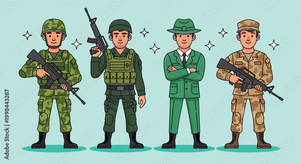Obraz premium Set of four cartoon military personnel characters in different uniforms.