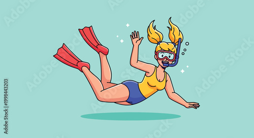 Illustration of a young woman snorkeling underwater.