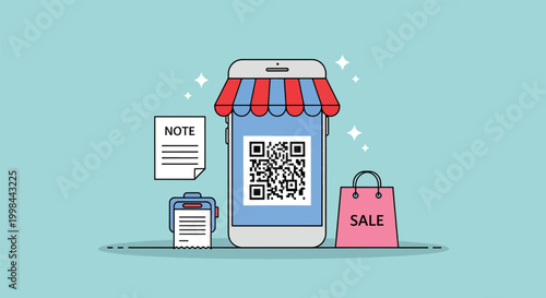 Mobile Online Shopping with QR Code Payment and Digital Storefront Illustration.