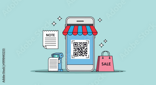 Online Shopping and QR Code Mobile Payment Concept Illustration with Smartphone and Shopping Bag.