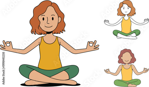 Woman meditating in lotus pose, calm yoga practice, mindfulness relaxation illustration, peaceful cartoon character wellness concept – vector illustration