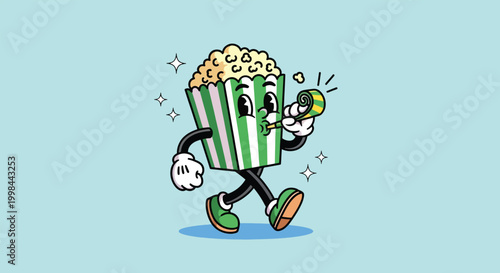 Retro Cartoon Popcorn Character Whistling.