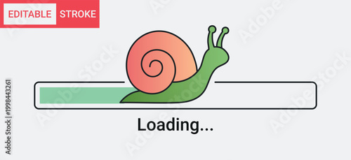 Snail progress bar icon with editable stroke, cute cartoon snail loading line for website or mobile app interface