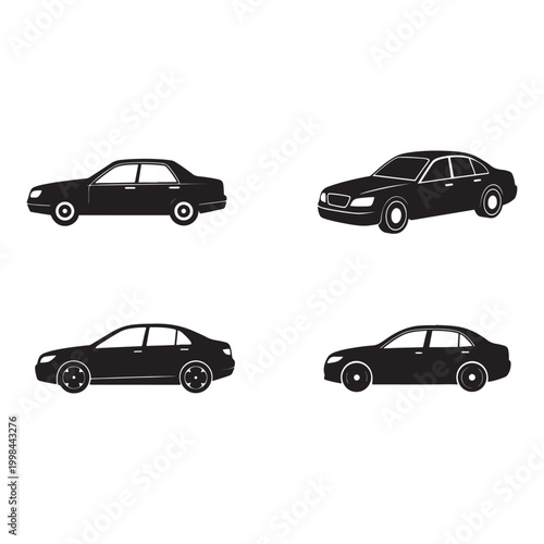 Four black cars in different models and angles on white background for transportation and vehicle concepts