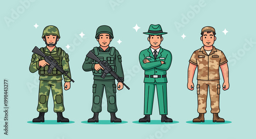 Set of cartoon soldiers in various military uniforms.