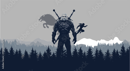 Powerful warrior illustration featuring a legendary monster hunter standing in a dark pine forest with a jumping wolf silhouette and snowy mountain background.