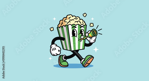Vintage Style Cartoon Popcorn Character Walking and Blowing a Horn.