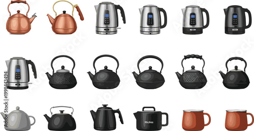 Vector Illustration Set of Various Kitchen Kettles and Mugs Including Electric Water Kettles Copper Teapots and Ceramic Coffee Cups Isolated on White