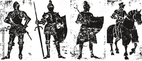 Medieval knights in armor with weapons and mounted warrior silhouette set