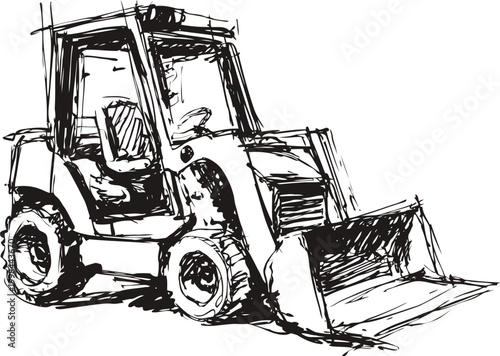 sketch of a construction loader vehicle with front bucket on wheels, heavy machinery outline drawing