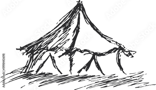 Hand drawn tent sketch with rough lines and textured shading, outdoor camping shelter concept