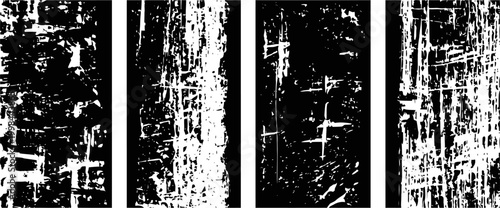 Grunge black and white vertical texture panels with distressed scratched pattern elements
