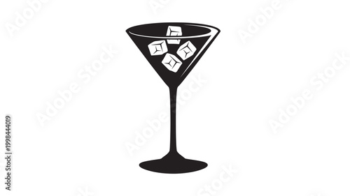 Martini glass logo with black silhouette and ice cubes inside, premium bar drink icon for branding and menus featuring restaurant menu, bartender,