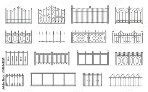 Forged fences set. Linear design. Vector outline illustration isolated on white.