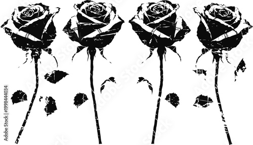 Four black silhouette roses with leaves and stems in a row on white background