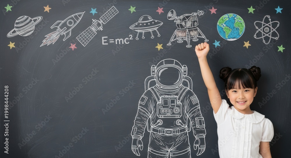 Fototapeta premium Young Asian girl stands in front of a blackboard with chalk drawings of space exploration elements.