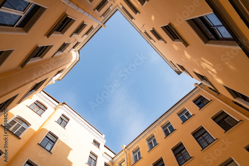 Sky view from courtyard in Saint Petersburg with surrounding buildings