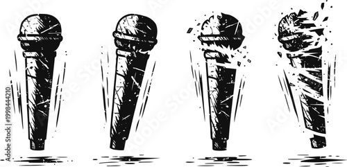black and white microphone sketch sequence showing sound vibration and shattering effect