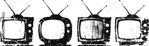 Illustrations of vintage television sets with antennas, retro style, black and white sketches