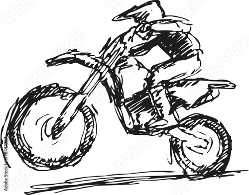 Motorcycle stunt rider jumping in mid air, dynamic action, speed and thrill illustration